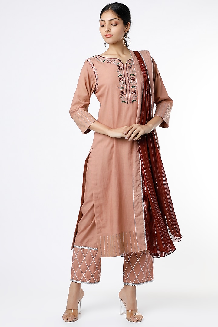 Coral Almond Embroidered Kurta Set by RENATI at Pernia's Pop Up Shop