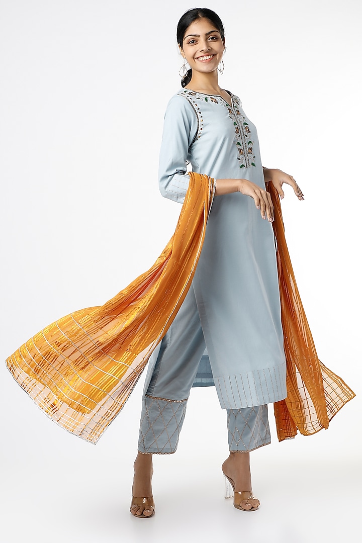 Amber Blue Sequins Embroidered Kurta Set by RENATI at Pernia's Pop Up Shop