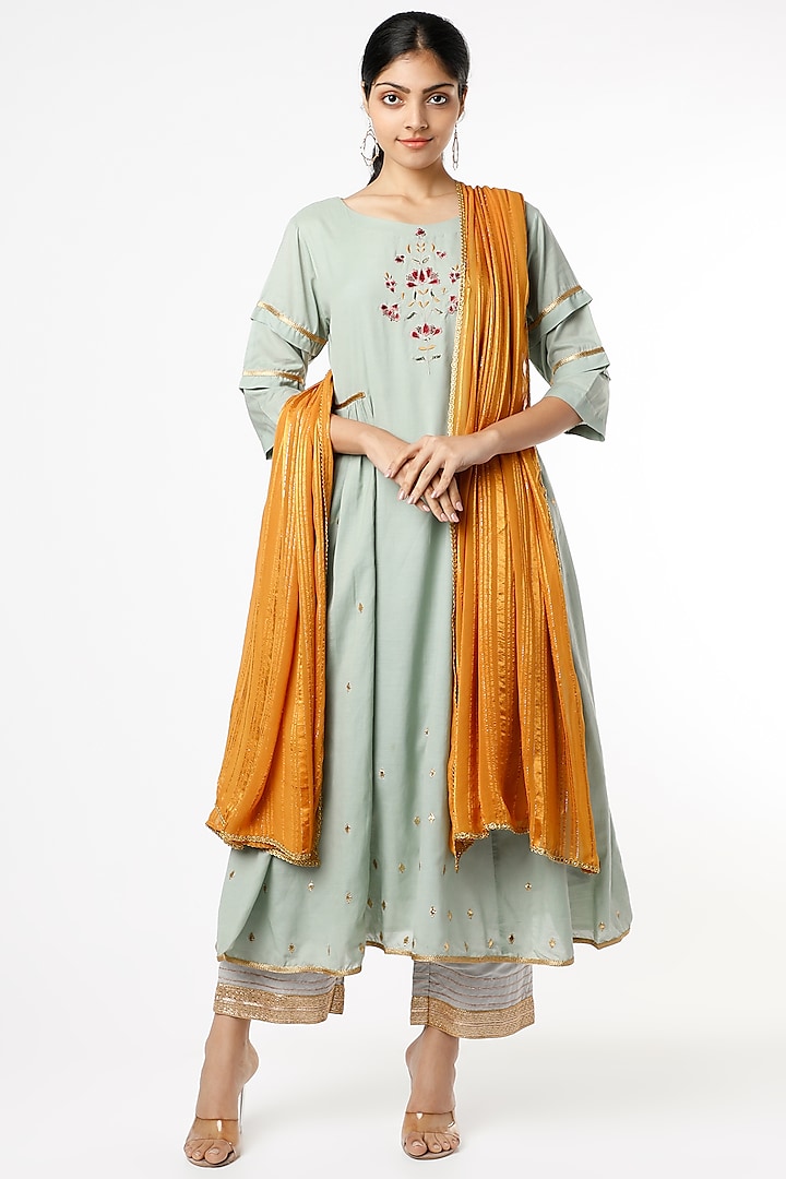 Haze Green Sequins Embroidered Kurta Set by RENATI