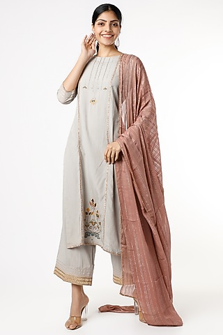 White Sand Sequins Embroidered Kurta Set by RENATI