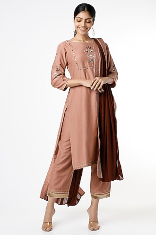 Coral Almond Sequins Embroidered Kurta Set by RENATI