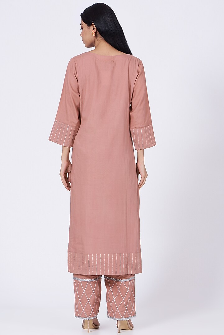 Coral Almond Embroidered Kurta Set by RENATI at Pernia's Pop Up Shop