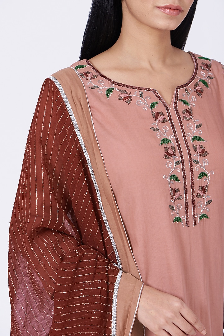Coral Almond Embroidered Kurta Set by RENATI at Pernia's Pop Up Shop