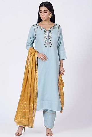 Ambar Blue Thread Embroidered Kurta Set by RENATI