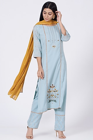 Ambar Blue Sequins Embroidered Kurta Set by RENATI