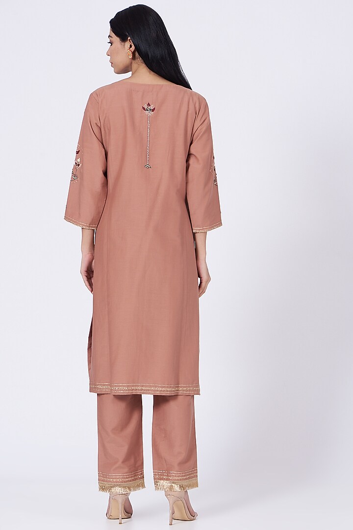 Coral Almond Sequins Embroidered Kurta Set by RENATI at Pernia's Pop Up Shop