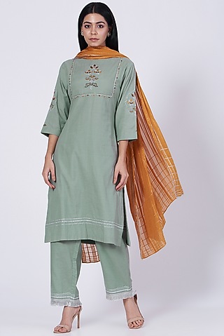 Haze Green Sequins Embroidered Kurta Set by RENATI