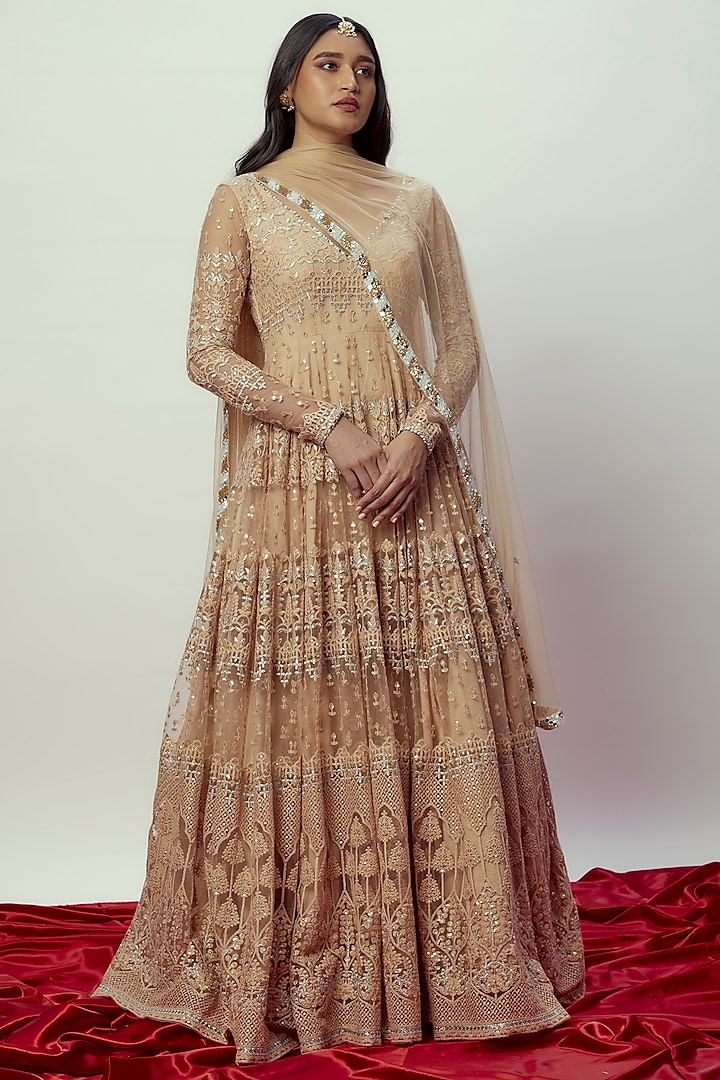 Rose Gold Georgette Embroidered Anarkali Gown by Renee Label