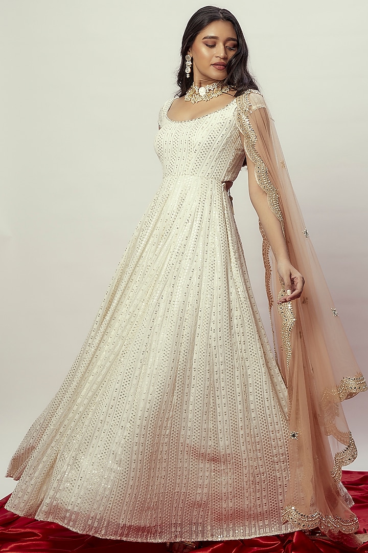Porcelain Georgette Embroidered Anarkali Gown by Renee Label