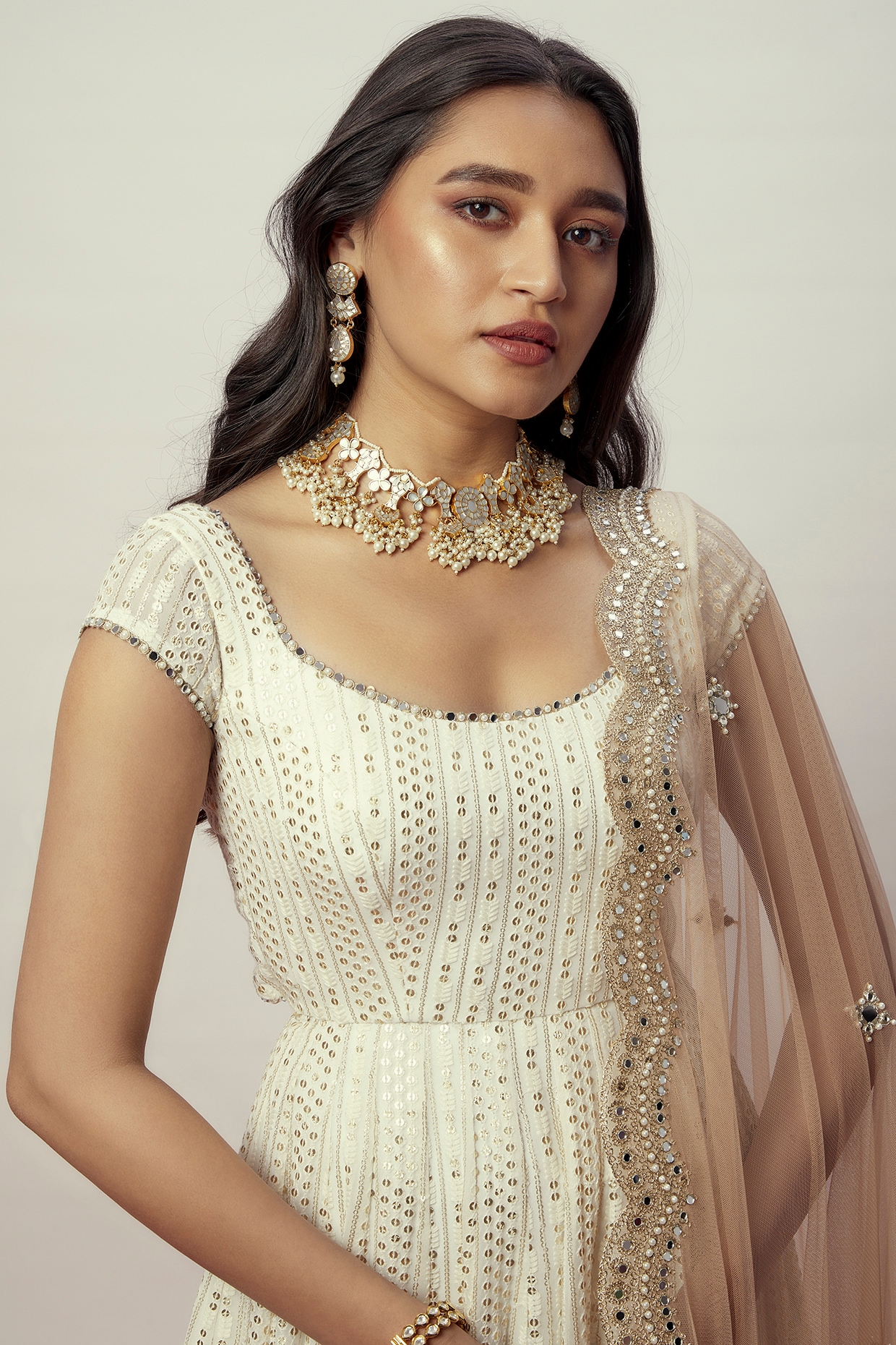 Off White Embroidered Net Anarkali Suit features a beautiful net top  alongside a santoon inner and a santoon bottom… | Designer gowns, Anarkali  gown, Anarkali dress