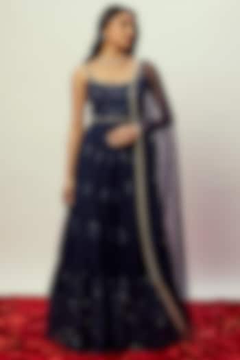Midnight Blue Net Embellished Anarkali Gown by Renee Label