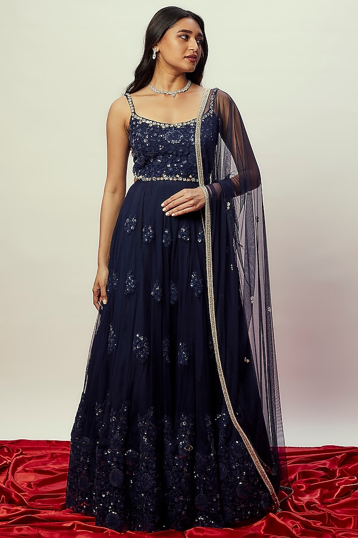 Midnight Blue Net Embellished Anarkali Gown by Renee Label