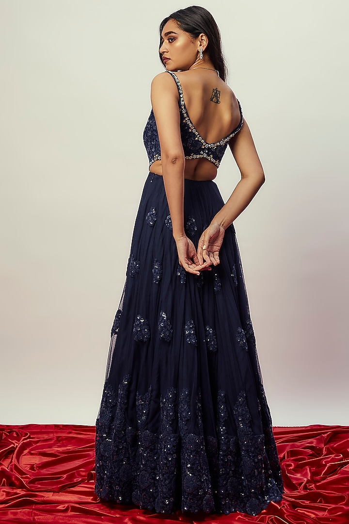 Midnight Blue Net Embellished Wedding Anarkali Gown by Renee Label at Pernia's Pop Up Shop