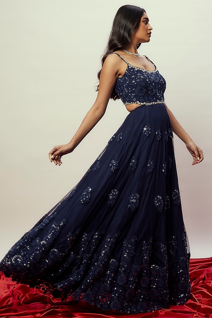 Midnight Blue Net Embellished Wedding Anarkali Gown by Renee Label at Pernia's Pop Up Shop