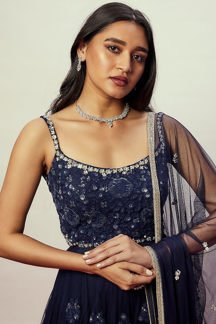 Midnight Blue Net Embellished Wedding Anarkali Gown by Renee Label at Pernia's Pop Up Shop
