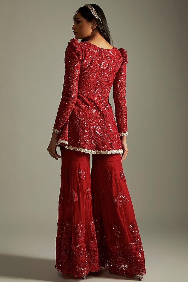 Ruby Red Net Embroidered Gharara Set by Renee Label at Pernia's Pop Up Shop