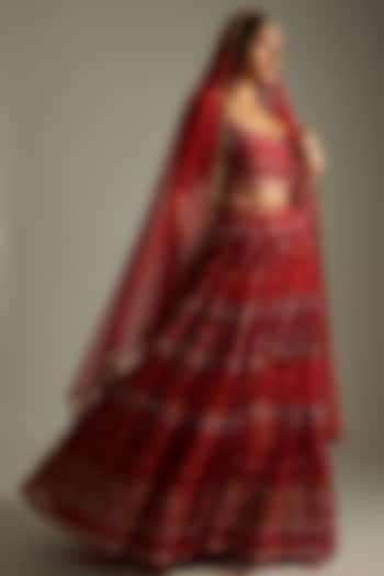 Ruby Red Net Embroidered Lehenga Set by Renee Label