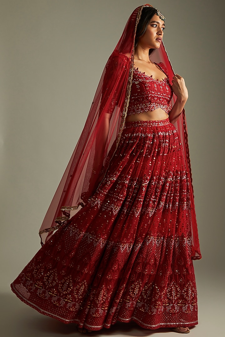 Ruby Red Net Embroidered Lehenga Set by Renee Label