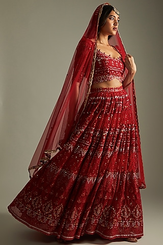 Ruby Red Net Embroidered Lehenga Set by Renee Label