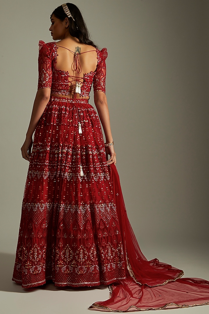 Ruby Red Net Embroidered Wedding Lehenga Set by Renee Label at Pernia's Pop Up Shop