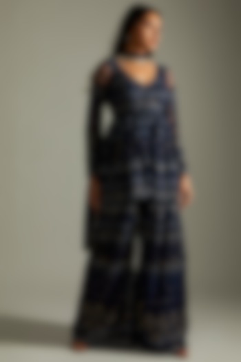 Midnight Blue Net Embroidered Kurta Set by Renee Label at Pernia's Pop Up Shop