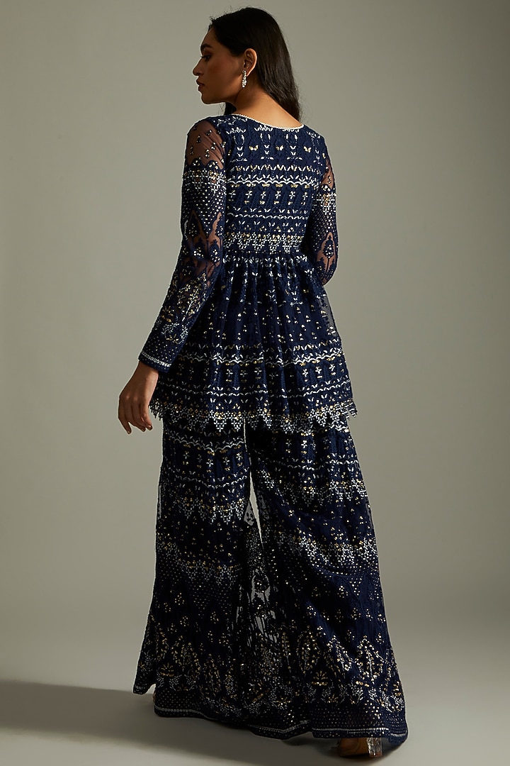 Midnight Blue Net Embroidered Kurta Set by Renee Label at Pernia's Pop Up Shop