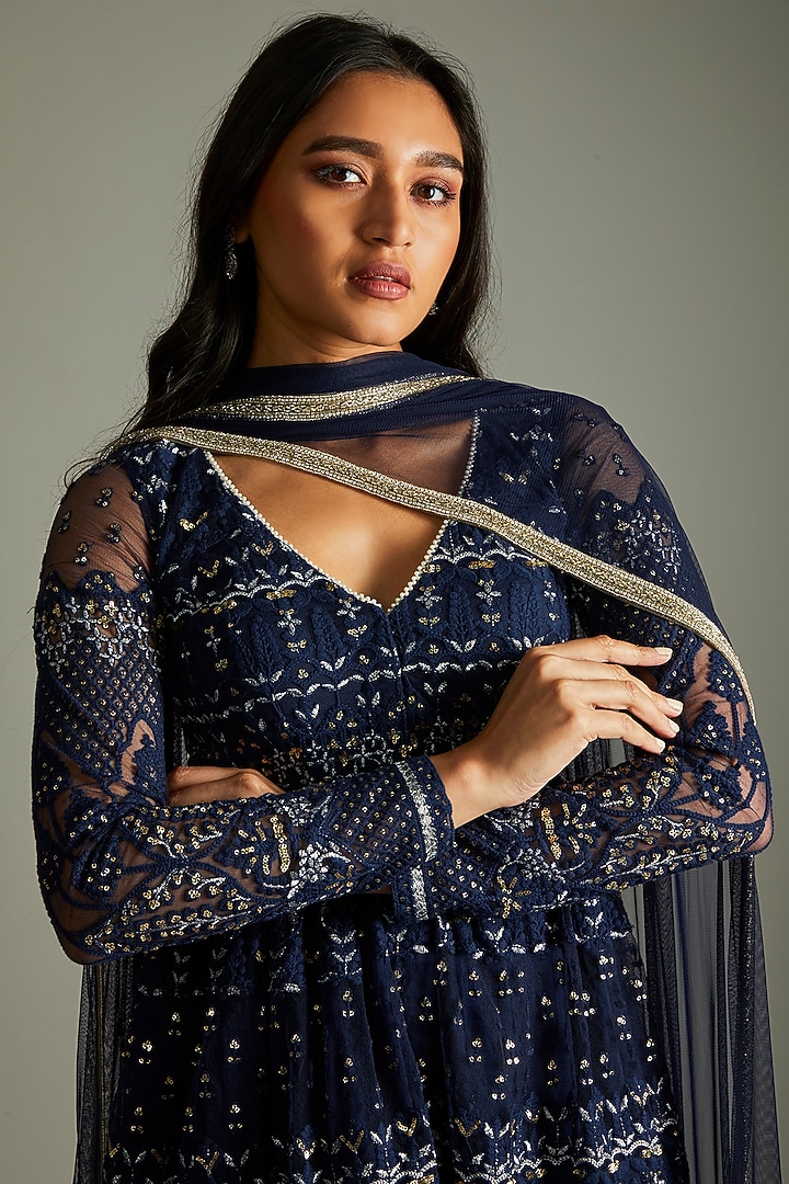 Midnight Blue Net Embroidered Kurta Set by Renee Label at Pernia's Pop Up Shop