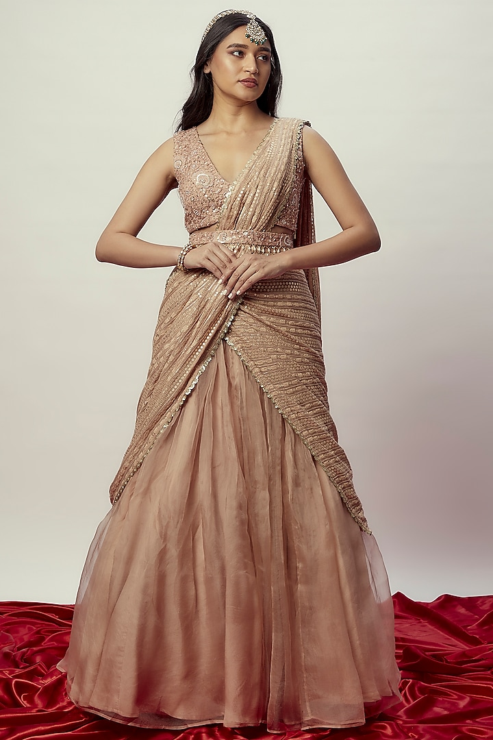 Rose Gold Organza Sequins Embroidered Lehenga Saree Set by Renee Label