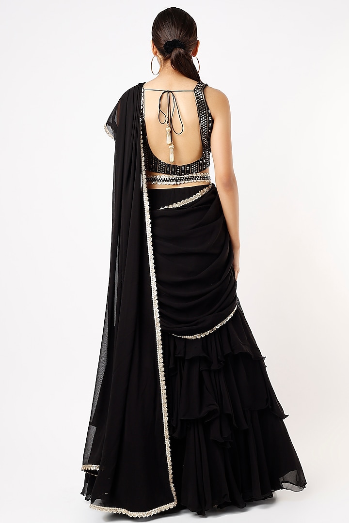 Midnight Black Viscose Georgette Embroidered Party Wear Lehenga Saree Set by Renee Label at Pernia's Pop Up Shop