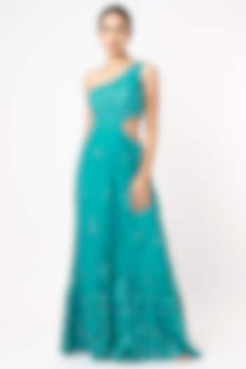 Turquoise Embroidered Flared One-Shoulder Jumpsuit by Renee Label
