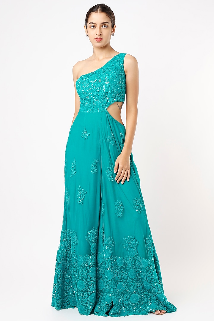 Turquoise Embroidered Flared One-Shoulder Jumpsuit by Renee Label