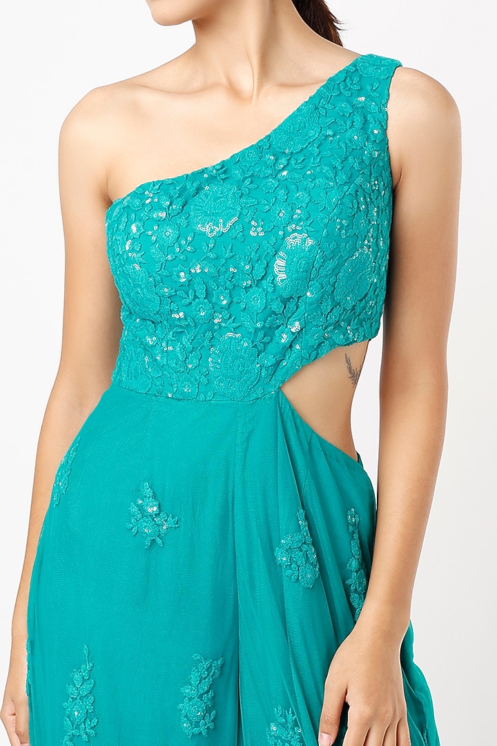 Turquoise Embroidered Flared One-Shoulder Jumpsuit by Renee Label at Pernia's Pop Up Shop