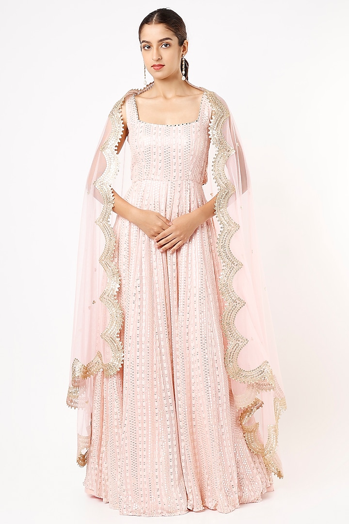 Champagne Blush Embroidered Anarkali Gown With Dupatta by Renee Label