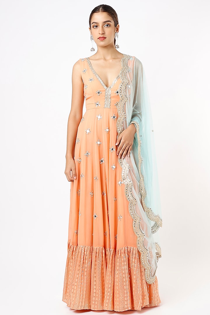 Tangerine Embroidered Anarkali Gown With Dupatta by Renee Label