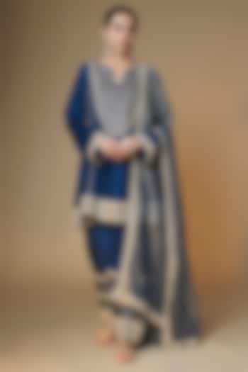 Midnight Blue Semi Dupion Silk Cutdana Embroidered Choga Kurta Set by Renee Label at Pernia's Pop Up Shop