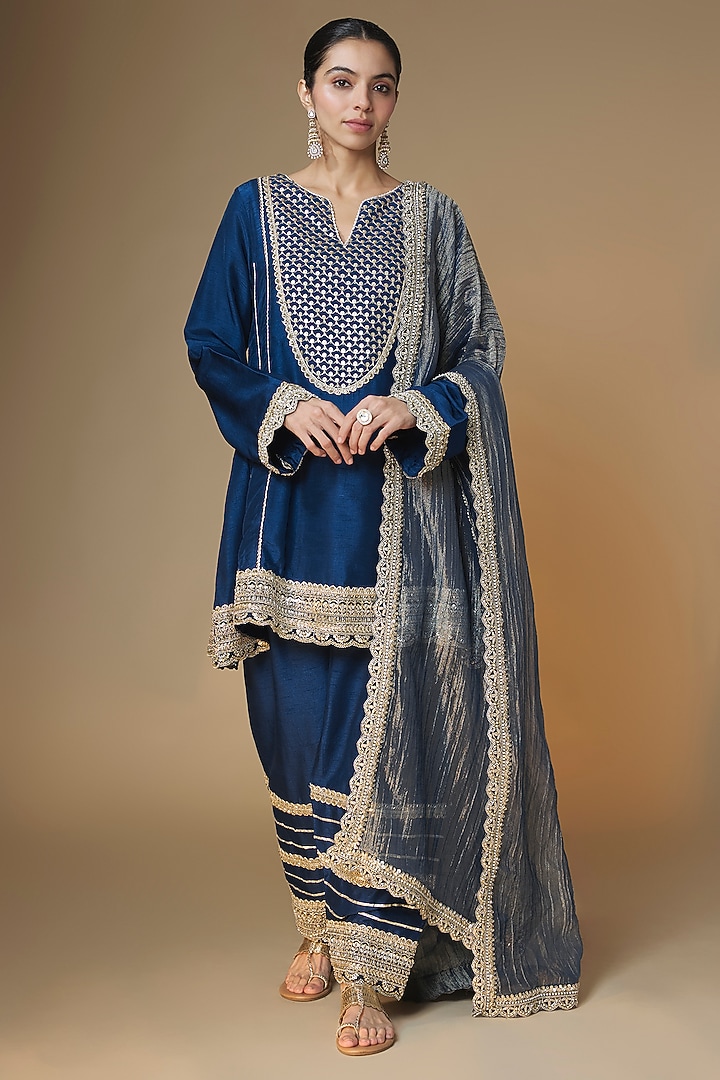 Midnight Blue Semi Dupion Silk Cutdana Embroidered Choga Kurta Set by Renee Label at Pernia's Pop Up Shop