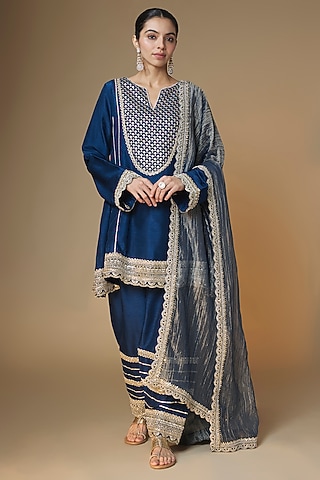 Midnight Blue Semi Dupion Silk Cutdana Embroidered Choga Kurta Set by Renee Label