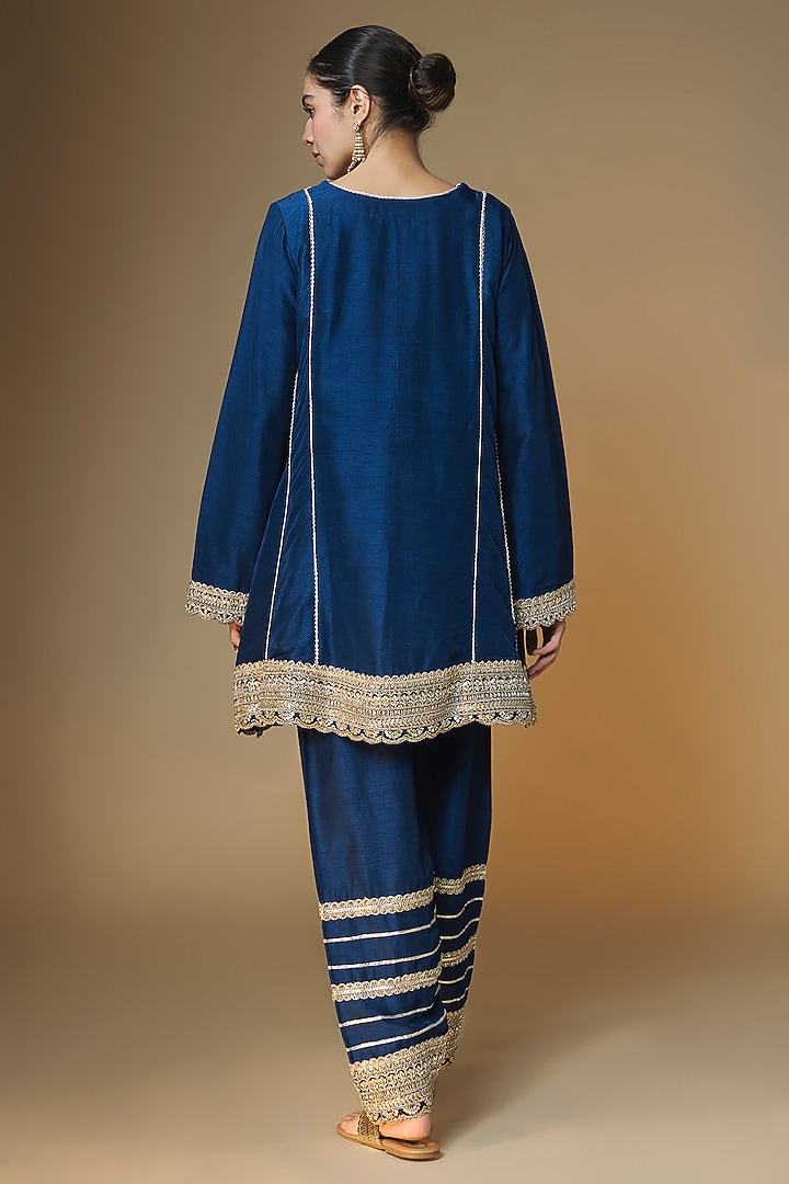Midnight Blue Semi Dupion Silk Cutdana Embroidered Choga Kurta Set by Renee Label at Pernia's Pop Up Shop