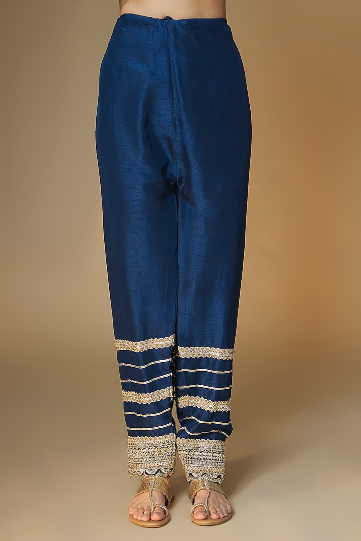 Midnight Blue Semi Dupion Silk Cutdana Embroidered Choga Kurta Set by Renee Label at Pernia's Pop Up Shop