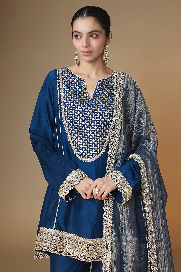 Midnight Blue Semi Dupion Silk Cutdana Embroidered Choga Kurta Set by Renee Label at Pernia's Pop Up Shop