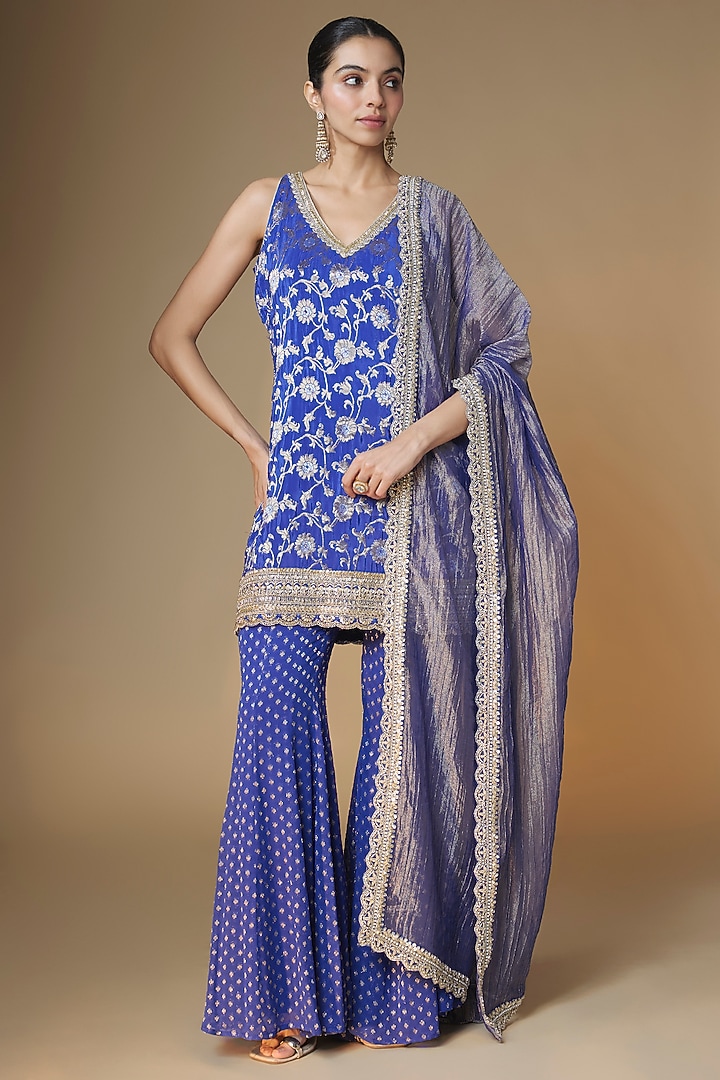Cobalt Blue Banarasi Viscose Georgette Party Wear Sharara Set by Renee Label at Pernia's Pop Up Shop