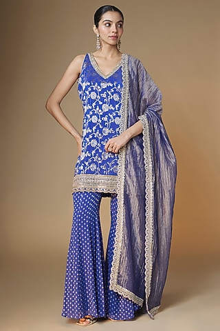 Cobalt Blue Banarasi Viscose Georgette Sharara Set by Renee Label