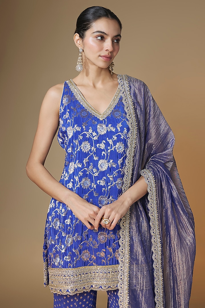 Cobalt Blue Banarasi Viscose Georgette Party Wear Sharara Set by Renee Label at Pernia's Pop Up Shop