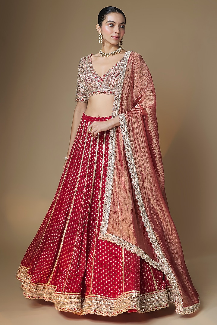 Red Viscose Georgette Sequins & Cutdana Embroidered Wedding Lehenga Set by Renee Label at Pernia's Pop Up Shop