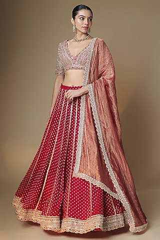 Red Viscose Georgette Sequins & Cutdana Embroidered Lehenga Set by Renee Label