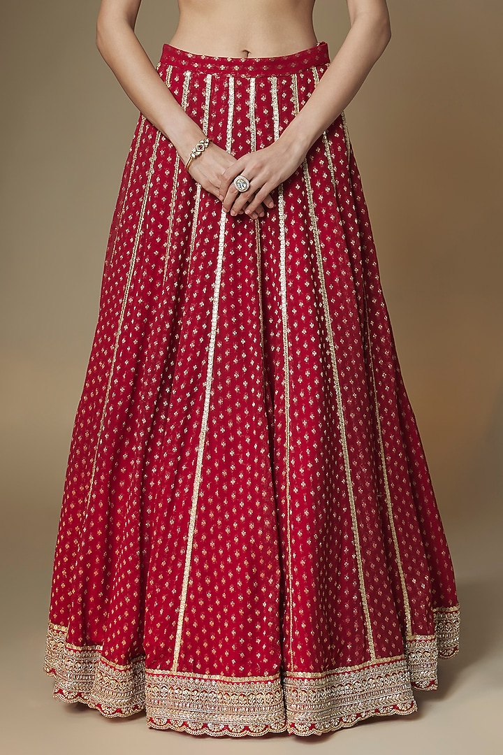 Red Viscose Georgette Sequins & Cutdana Embroidered Wedding Lehenga Set by Renee Label at Pernia's Pop Up Shop