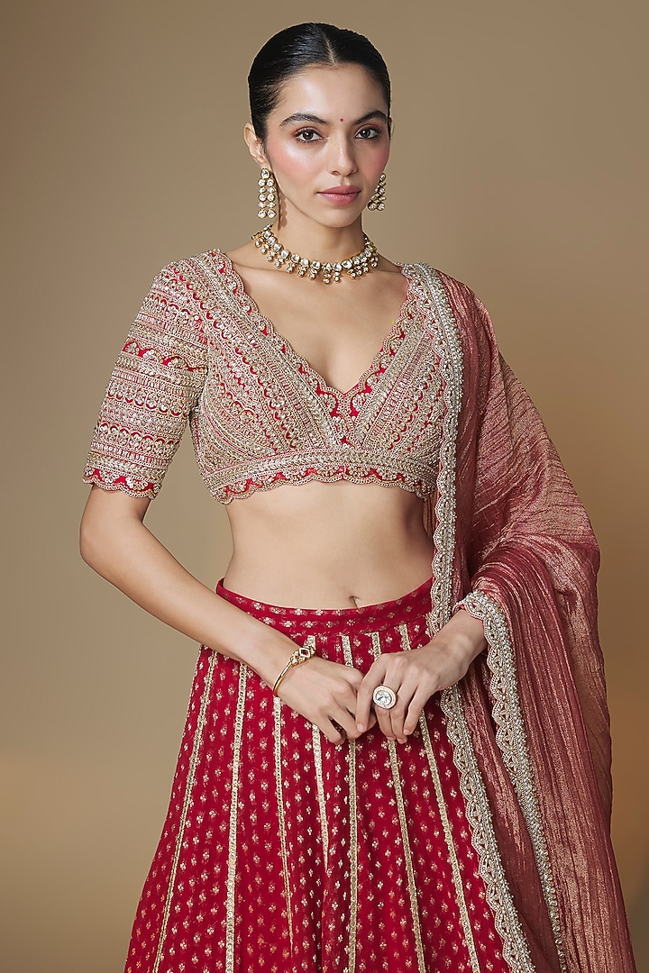 Red Viscose Georgette Sequins & Cutdana Embroidered Wedding Lehenga Set by Renee Label at Pernia's Pop Up Shop