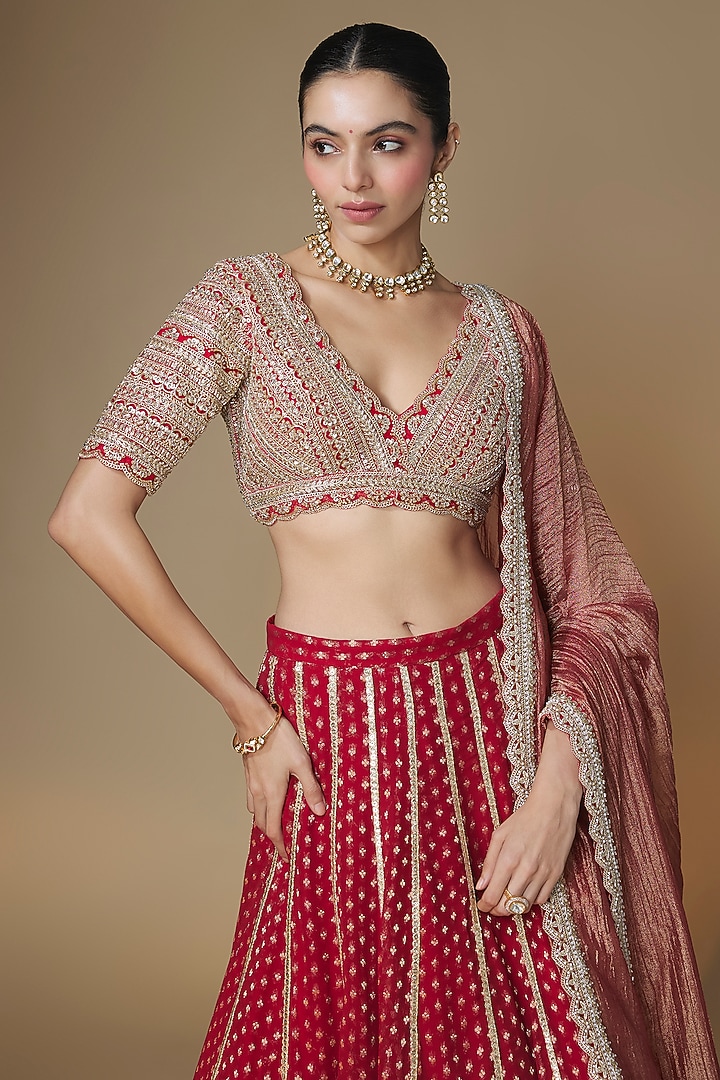 Red Viscose Georgette Sequins & Cutdana Embroidered Wedding Lehenga Set by Renee Label at Pernia's Pop Up Shop