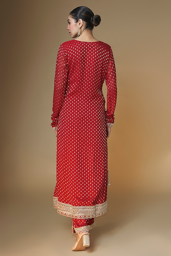 Red Viscose Georgette Sequins & Cutdana Embroidered Kurta Set by Renee Label at Pernia's Pop Up Shop