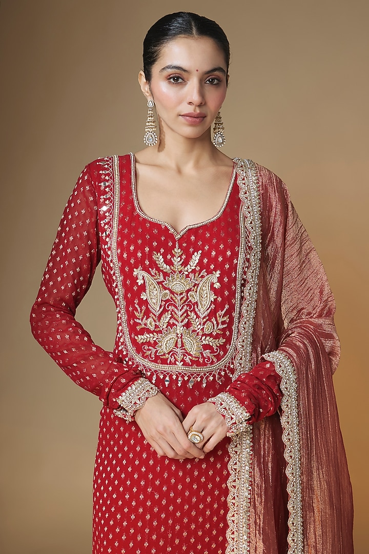 Red Viscose Georgette Sequins & Cutdana Embroidered Kurta Set by Renee Label at Pernia's Pop Up Shop